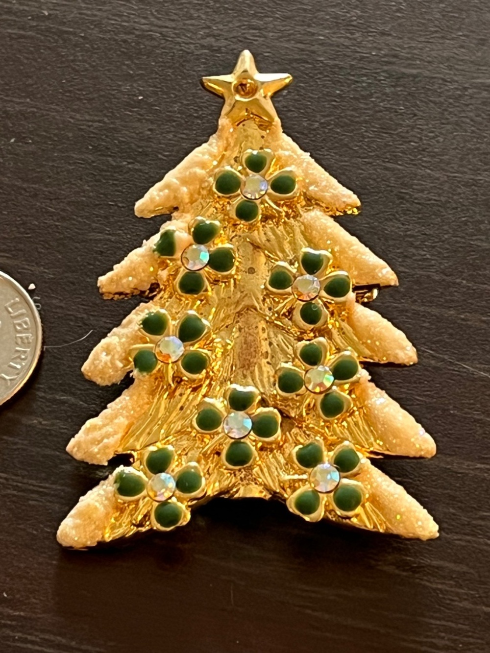Vintage Christmas Tree Green Rhinestone Brooch Pin Gold Tone KC Marking Jewelry